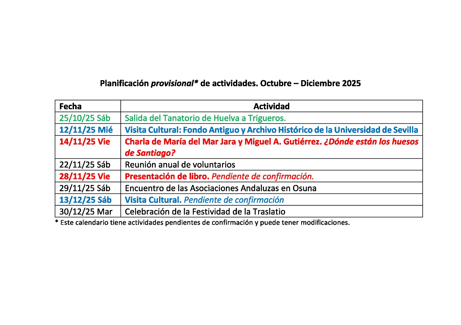 A falta de un calendario definitivo (pendiente de confirmar algunas salidas) os anunciamos lo previsto para este trimestre de forma provisional. Buen camino.